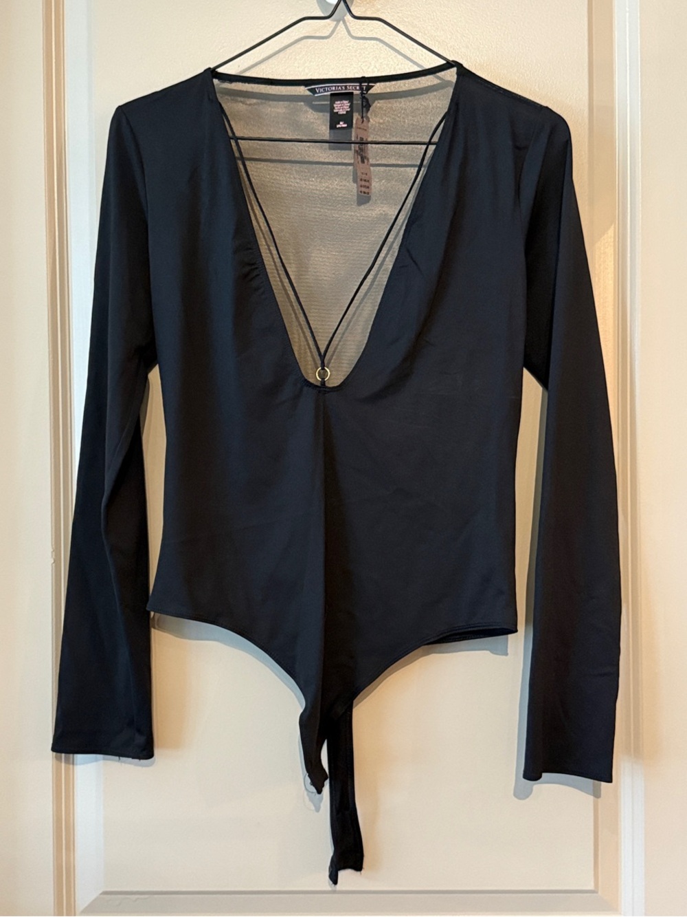 Victoria's Secret Black Deep V Long Sleeve Bodysuit
